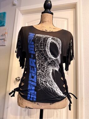 Upcycled Spider-Man Fringe Tee – Size Small